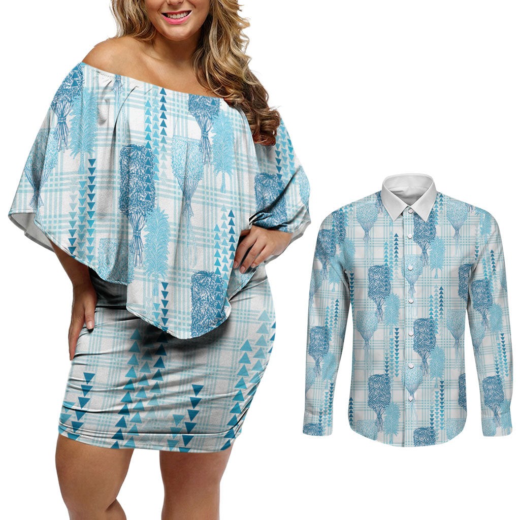 Aloha Hawaii Vintage Kahili Pa'a Lima Couples Matching Off Shoulder Short Dress and Long Sleeve Button Shirt Palaka Print Oceanic Turquoise LT7 Turquoise - Polynesian Pride