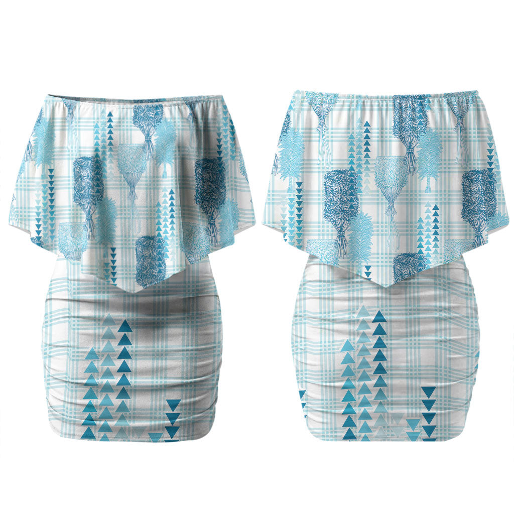 Aloha Hawaii Vintage Kahili Pa'a Lima Couples Matching Off Shoulder Short Dress and Long Sleeve Button Shirt Palaka Print Oceanic Turquoise