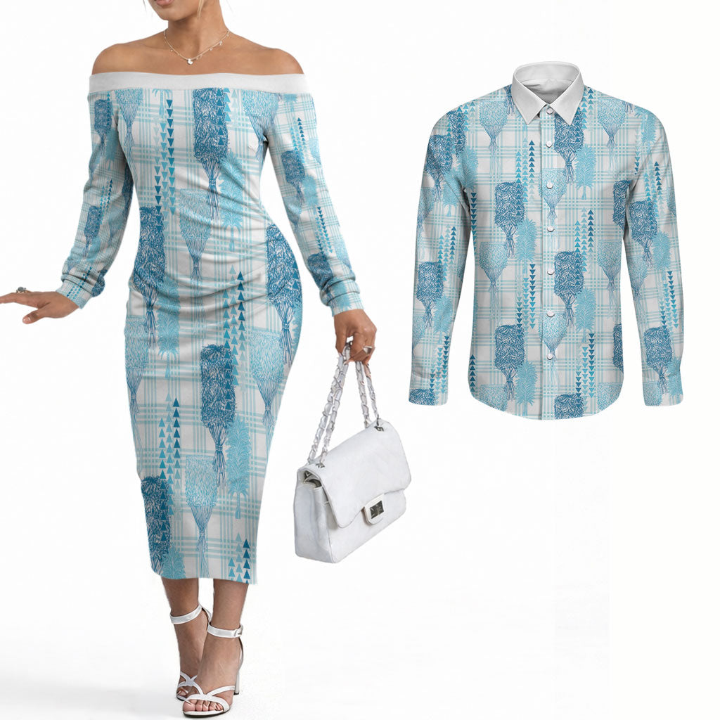 Aloha Hawaii Vintage Kahili Pa'a Lima Couples Matching Off The Shoulder Long Sleeve Dress and Long Sleeve Button Shirt Palaka Print Oceanic Turquoise LT7 Turquoise - Polynesian Pride