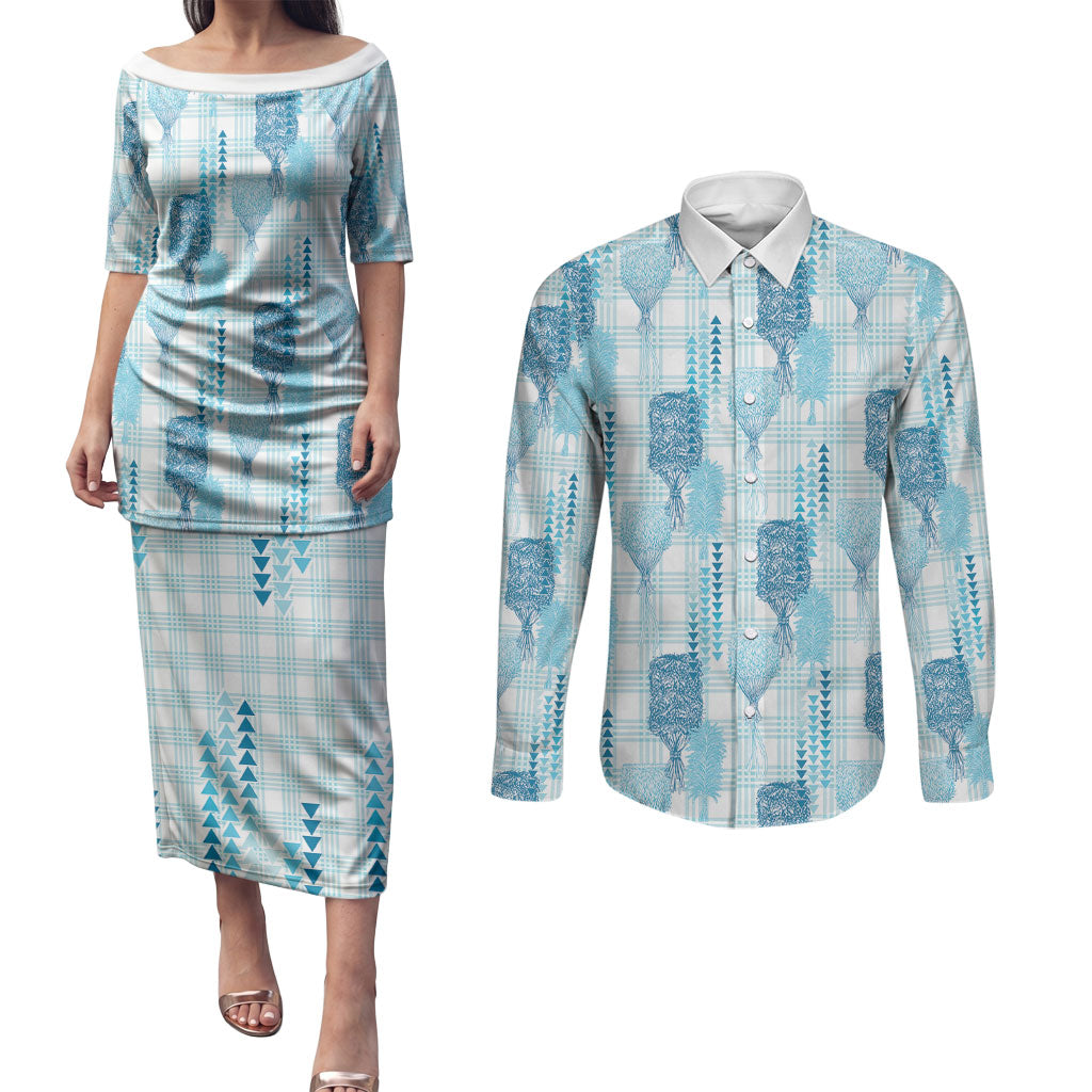 Aloha Hawaii Vintage Kahili Pa'a Lima Couples Matching Puletasi and Long Sleeve Button Shirt Palaka Print Oceanic Turquoise LT7 Turquoise - Polynesian Pride