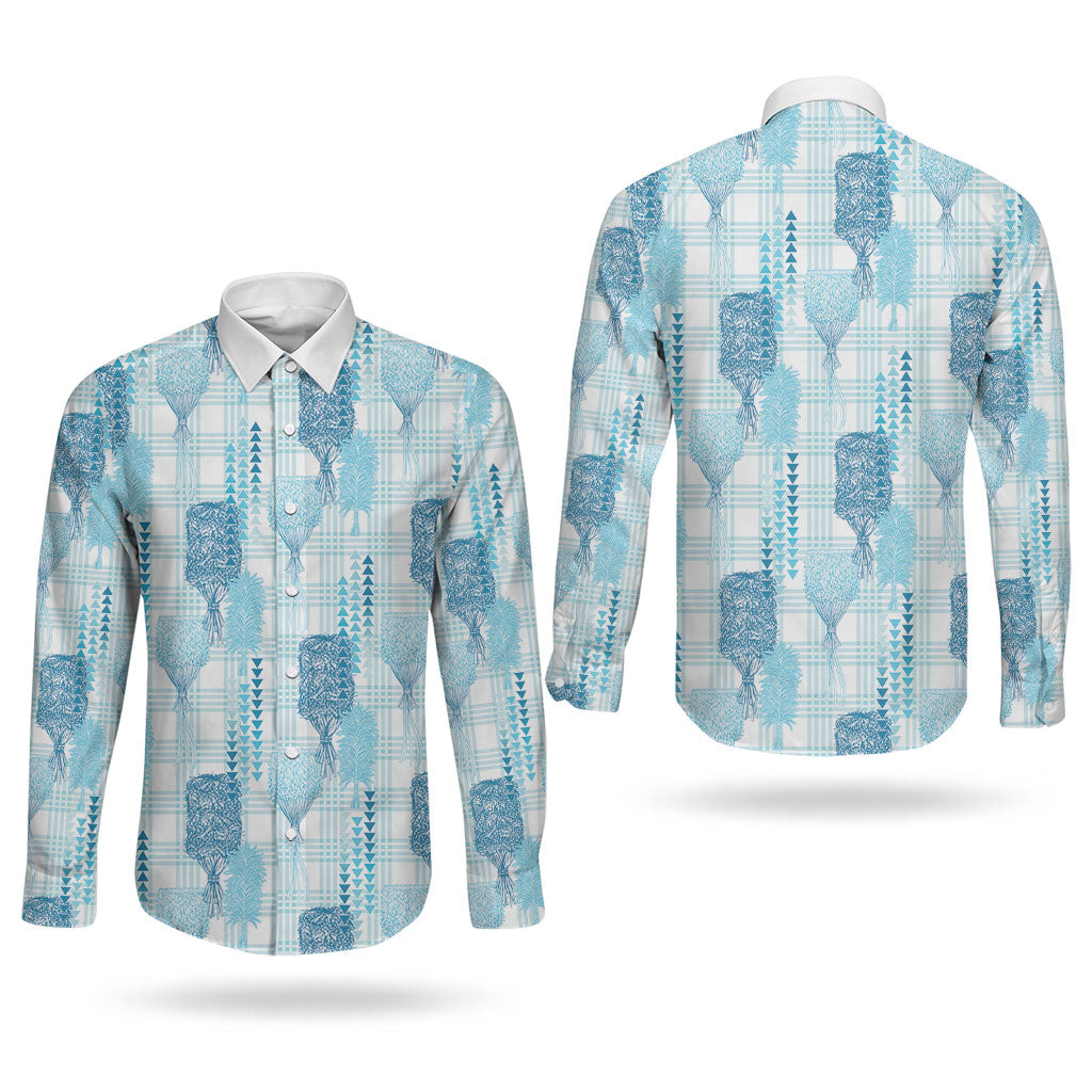 Aloha Hawaii Vintage Kahili Pa'a Lima Couples Matching Puletasi and Long Sleeve Button Shirt Palaka Print Oceanic Turquoise