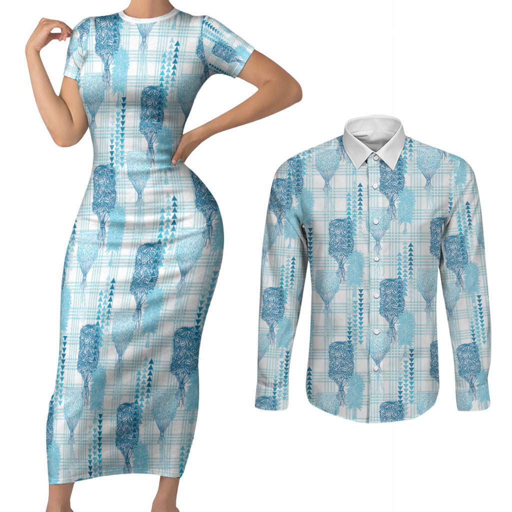 Aloha Hawaii Vintage Kahili Pa'a Lima Couples Matching Short Sleeve Bodycon Dress and Long Sleeve Button Shirt Palaka Print Oceanic Turquoise LT7 Turquoise - Polynesian Pride
