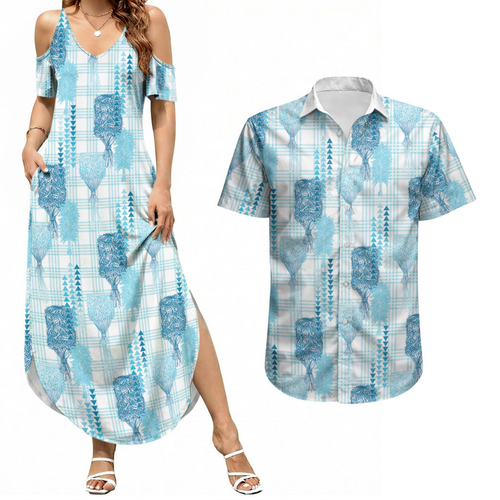 Aloha Hawaii Vintage Kahili Pa'a Lima Couples Matching Summer Maxi Dress and Hawaiian Shirt Palaka Print Oceanic Turquoise LT7 Turquoise - Polynesian Pride