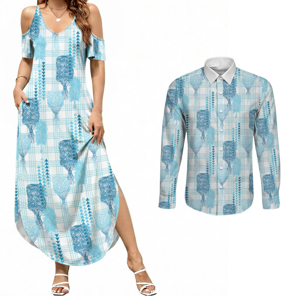Aloha Hawaii Vintage Kahili Pa'a Lima Couples Matching Summer Maxi Dress and Long Sleeve Button Shirt Palaka Print Oceanic Turquoise LT7 Turquoise - Polynesian Pride