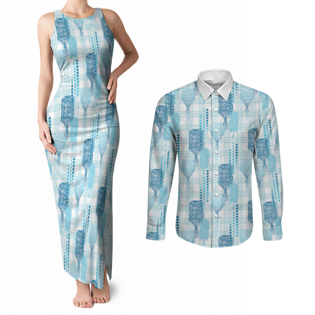 Aloha Hawaii Vintage Kahili Pa'a Lima Couples Matching Tank Maxi Dress and Long Sleeve Button Shirt Palaka Print Oceanic Turquoise LT7 Turquoise - Polynesian Pride
