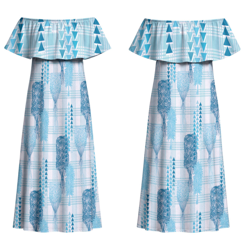 Aloha Hawaii Vintage Kahili Pa'a Lima Family Matching Off Shoulder Maxi Dress and Hawaiian Shirt Palaka Print Oceanic Turquoise
