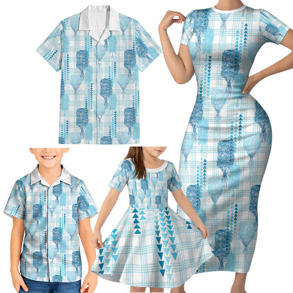 Aloha Hawaii Vintage Kahili Pa'a Lima Family Matching Short Sleeve Bodycon Dress and Hawaiian Shirt Palaka Print Oceanic Turquoise