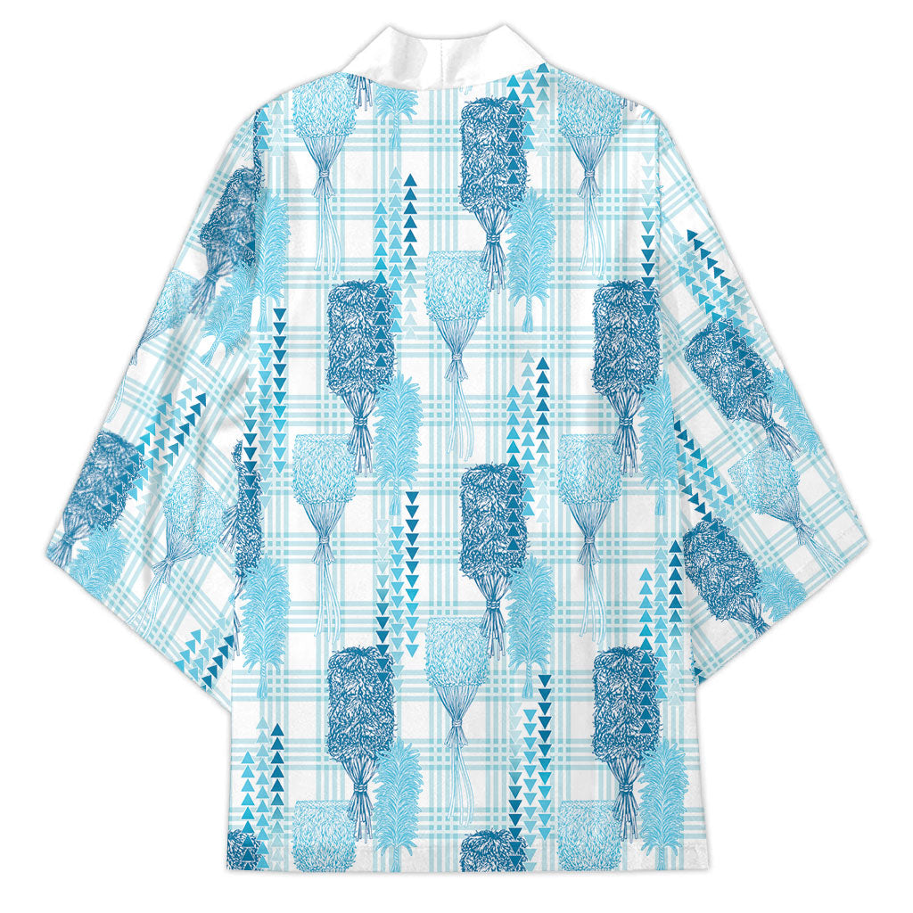 Aloha Hawaii Vintage Kahili Pa'a Lima Kimono Palaka Print Oceanic Turquoise