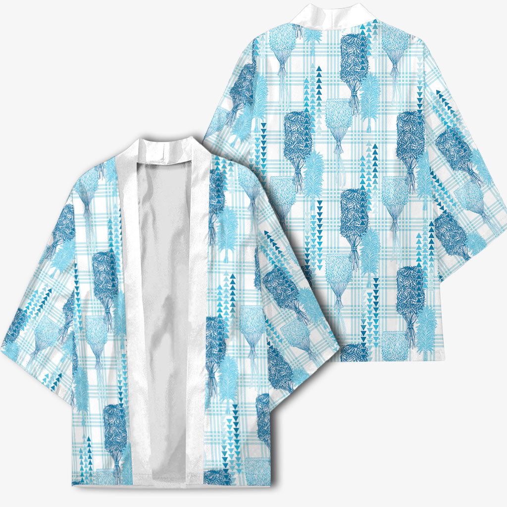 Aloha Hawaii Vintage Kahili Pa'a Lima Kimono Palaka Print Oceanic Turquoise