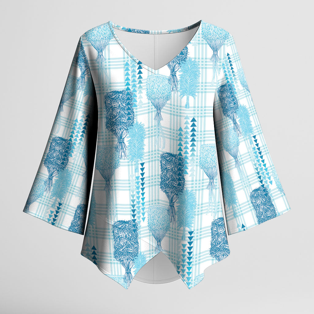Aloha Hawaii Vintage Kahili Pa'a Lima Kimono Sleeve Blouse Palaka Print Oceanic Turquoise