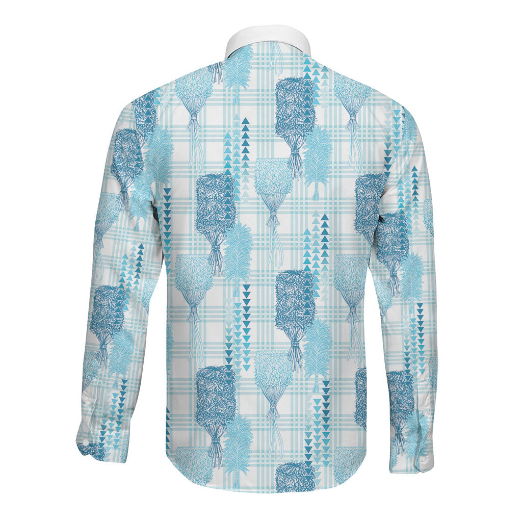 Aloha Hawaii Vintage Kahili Pa'a Lima Long Sleeve Button Shirt Palaka Print Oceanic Turquoise