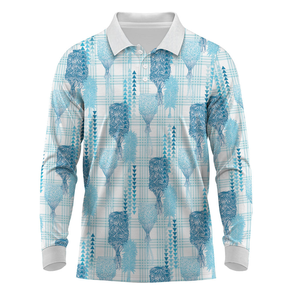 Aloha Hawaii Vintage Kahili Pa'a Lima Long Sleeve Polo Shirt Palaka Print Oceanic Turquoise LT7 Turquoise - Polynesian Pride
