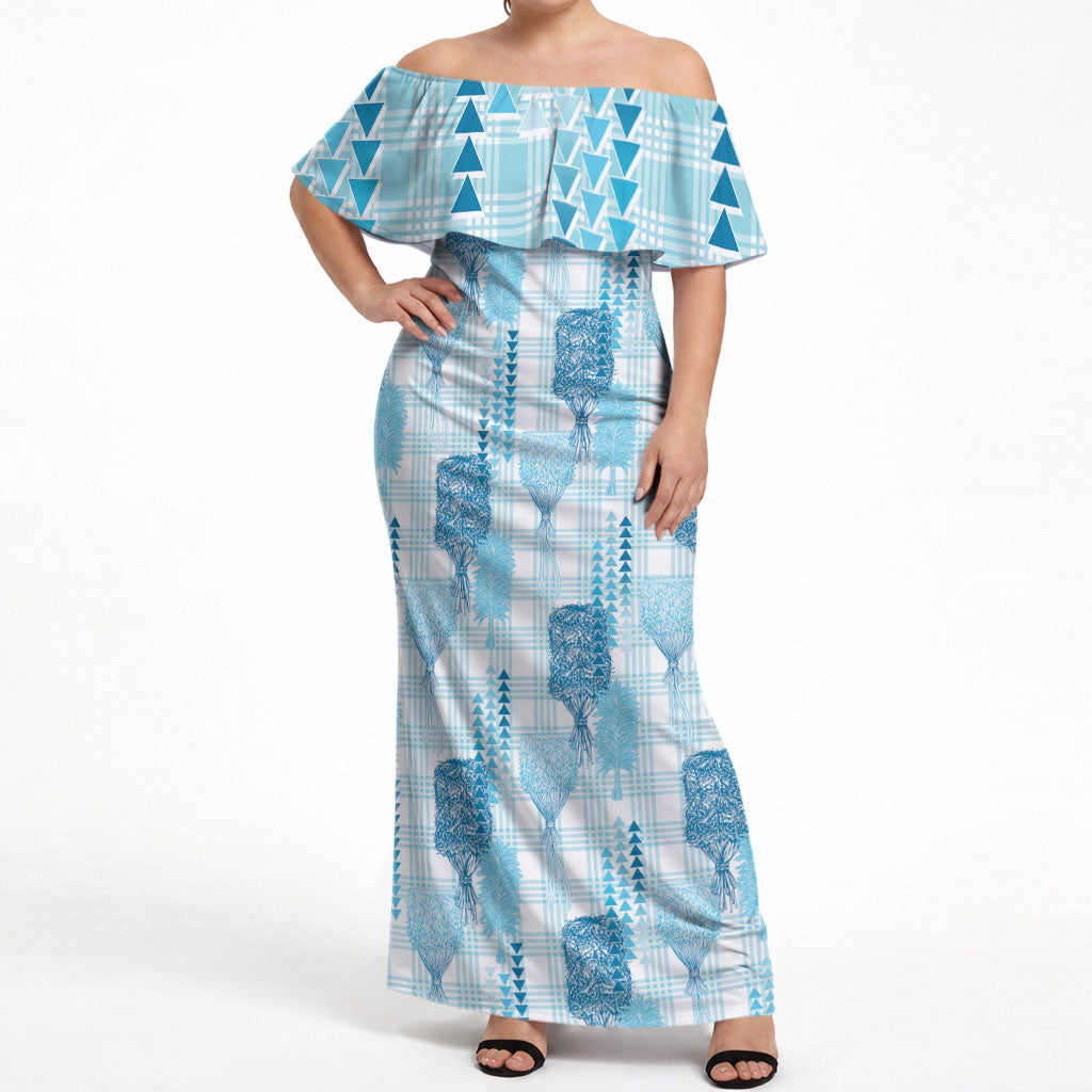 Aloha Hawaii Vintage Kahili Pa'a Lima Off Shoulder Maxi Dress Palaka Print Oceanic Turquoise