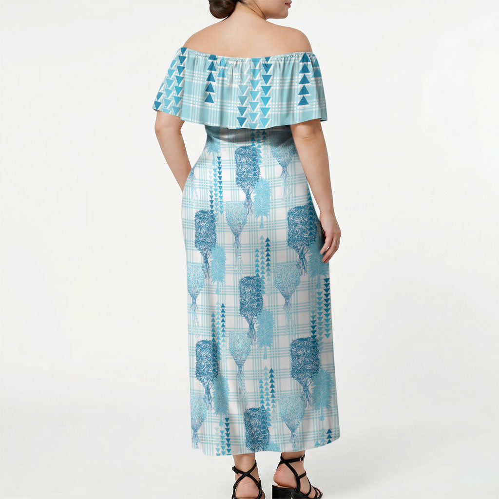 Aloha Hawaii Vintage Kahili Pa'a Lima Off Shoulder Maxi Dress Palaka Print Oceanic Turquoise
