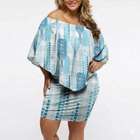 Aloha Hawaii Vintage Kahili Pa'a Lima Off Shoulder Short Dress Palaka Print Oceanic Turquoise
