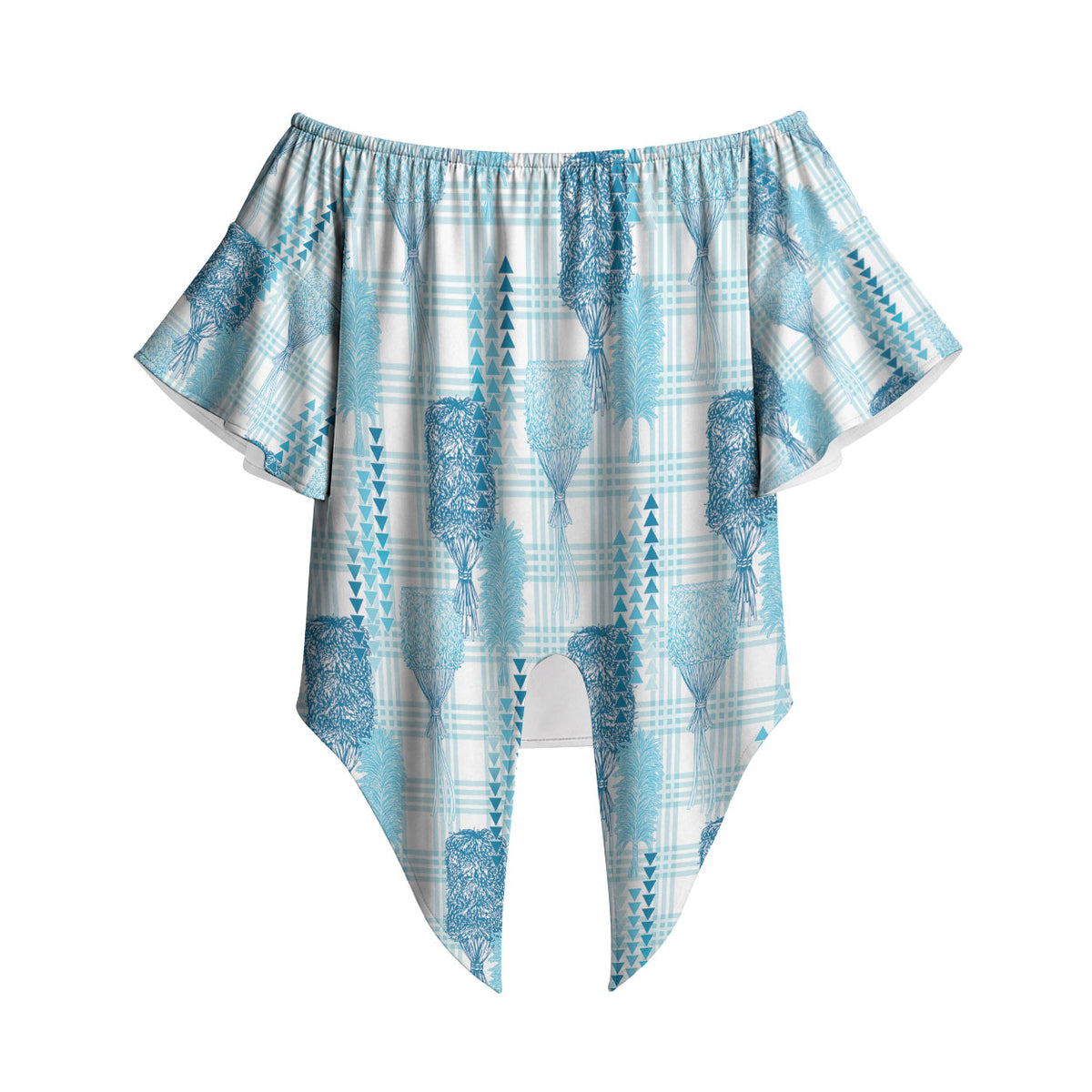 Aloha Hawaii Vintage Kahili Pa'a Lima Off Shoulder Wrap Waist Top Palaka Print Oceanic Turquoise LT7 Turquoise - Polynesian Pride