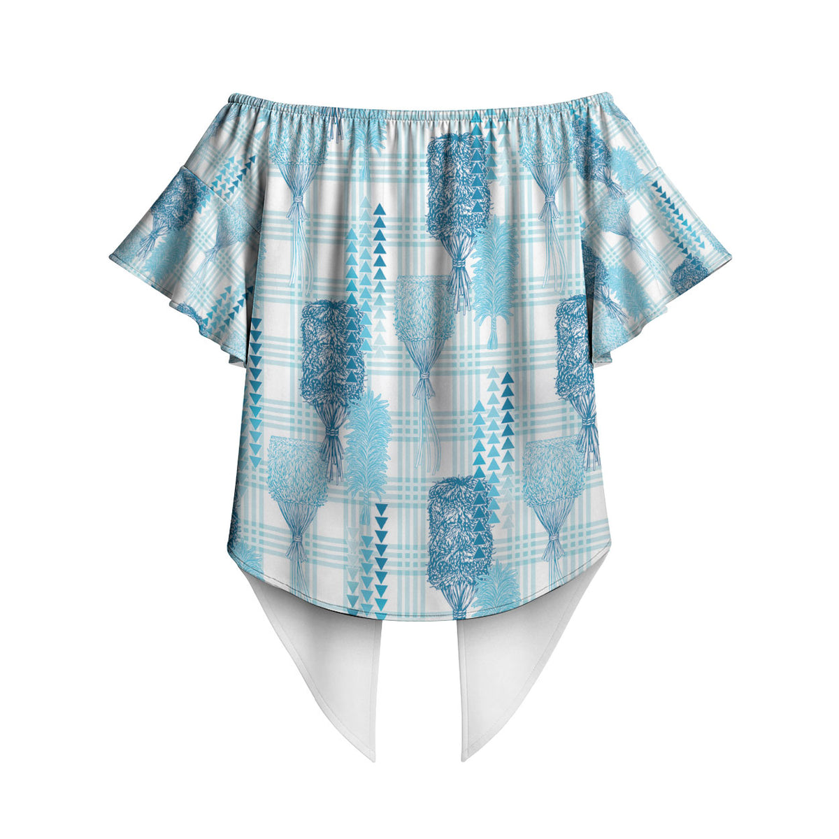 Aloha Hawaii Vintage Kahili Pa'a Lima Off Shoulder Wrap Waist Top Palaka Print Oceanic Turquoise LT7 - Polynesian Pride