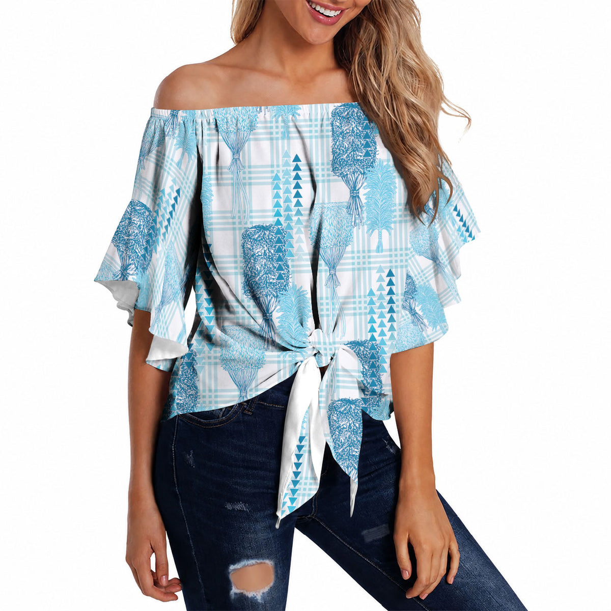 Aloha Hawaii Vintage Kahili Pa'a Lima Off Shoulder Wrap Waist Top Palaka Print Oceanic Turquoise LT7 - Polynesian Pride