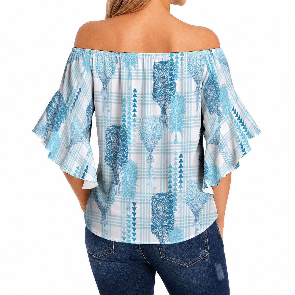 Aloha Hawaii Vintage Kahili Pa'a Lima Off Shoulder Wrap Waist Top Palaka Print Oceanic Turquoise LT7 - Polynesian Pride