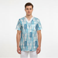 Aloha Hawaii Vintage Kahili Pa'a Lima Scrub Top Palaka Print Oceanic Turquoise