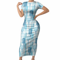 Aloha Hawaii Vintage Kahili Pa'a Lima Short Sleeve Bodycon Dress Palaka Print Oceanic Turquoise