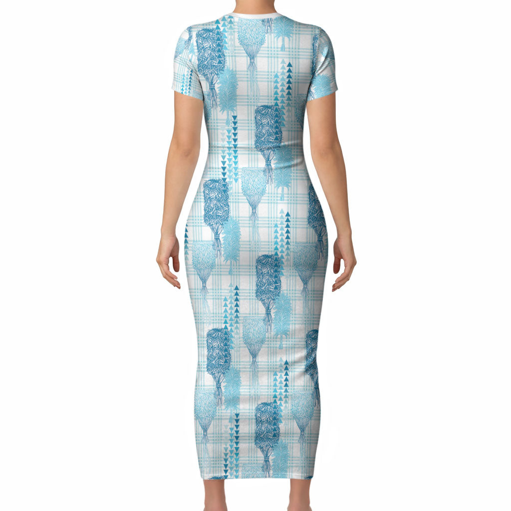 Aloha Hawaii Vintage Kahili Pa'a Lima Short Sleeve Bodycon Dress Palaka Print Oceanic Turquoise