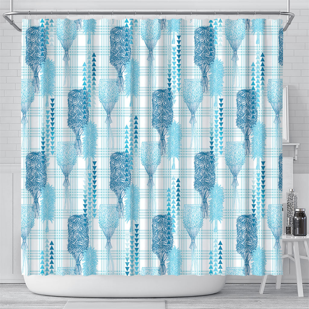 Aloha Hawaii Vintage Kahili Pa'a Lima Shower Curtain Palaka Print Oceanic Turquoise