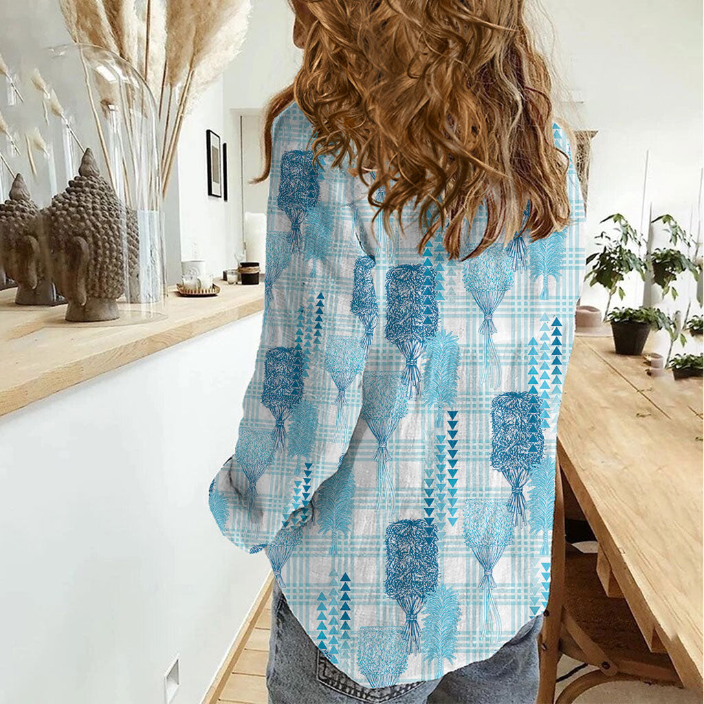 Aloha Hawaii Vintage Kahili Pa'a Lima Women Casual Shirt Palaka Print Oceanic Turquoise