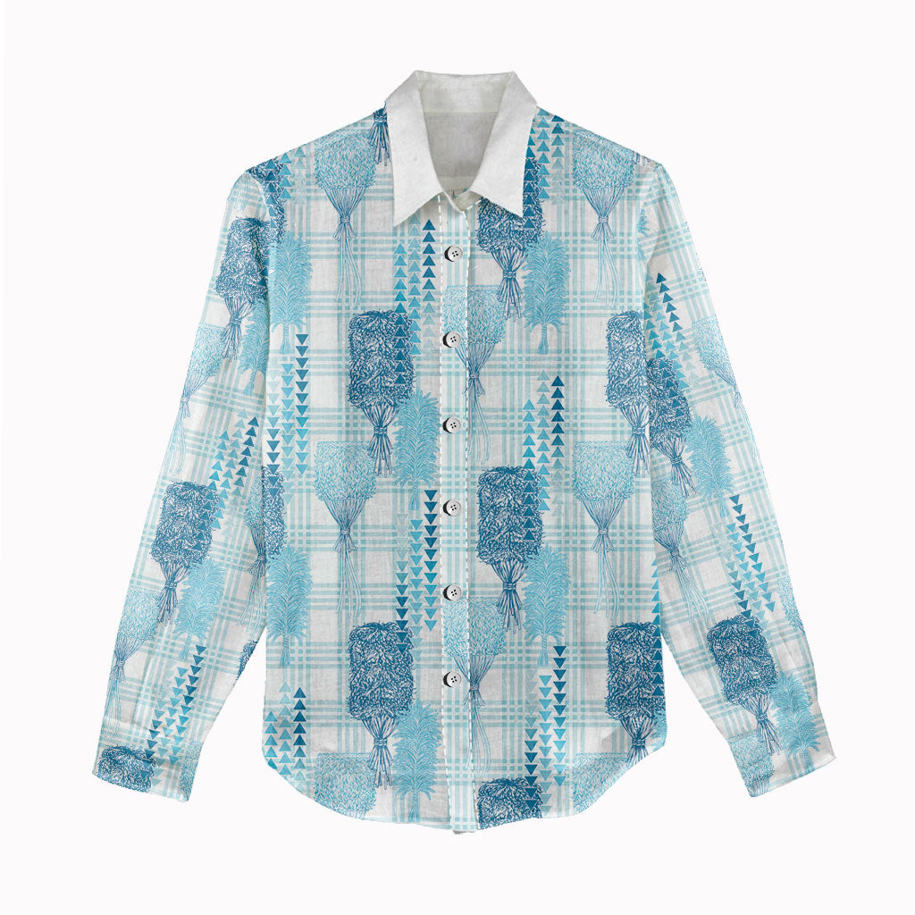 Aloha Hawaii Vintage Kahili Pa'a Lima Women Casual Shirt Palaka Print Oceanic Turquoise