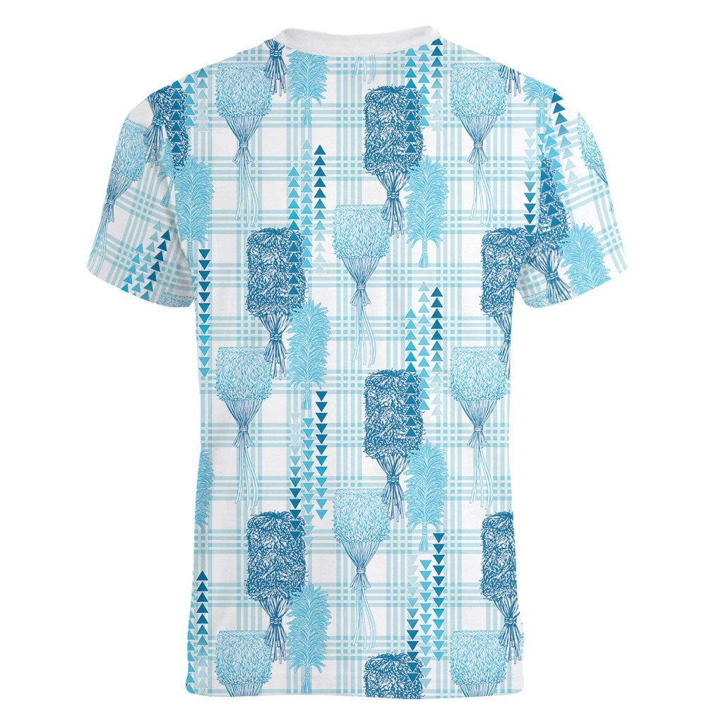 Aloha Hawaii Vintage Kahili Pa'a Lima Women V-Neck T-Shirt Palaka Print Oceanic Turquoise