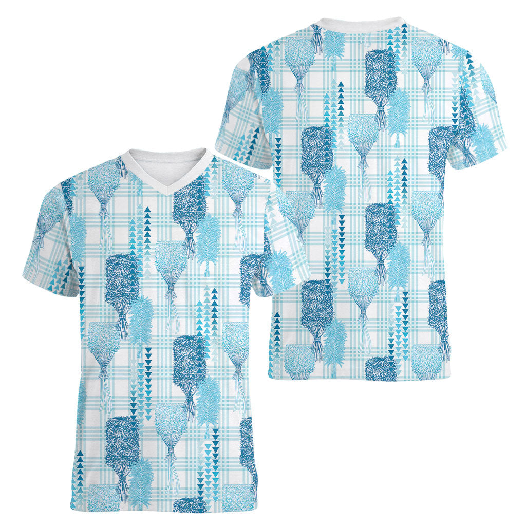 Aloha Hawaii Vintage Kahili Pa'a Lima Women V-Neck T-Shirt Palaka Print Oceanic Turquoise