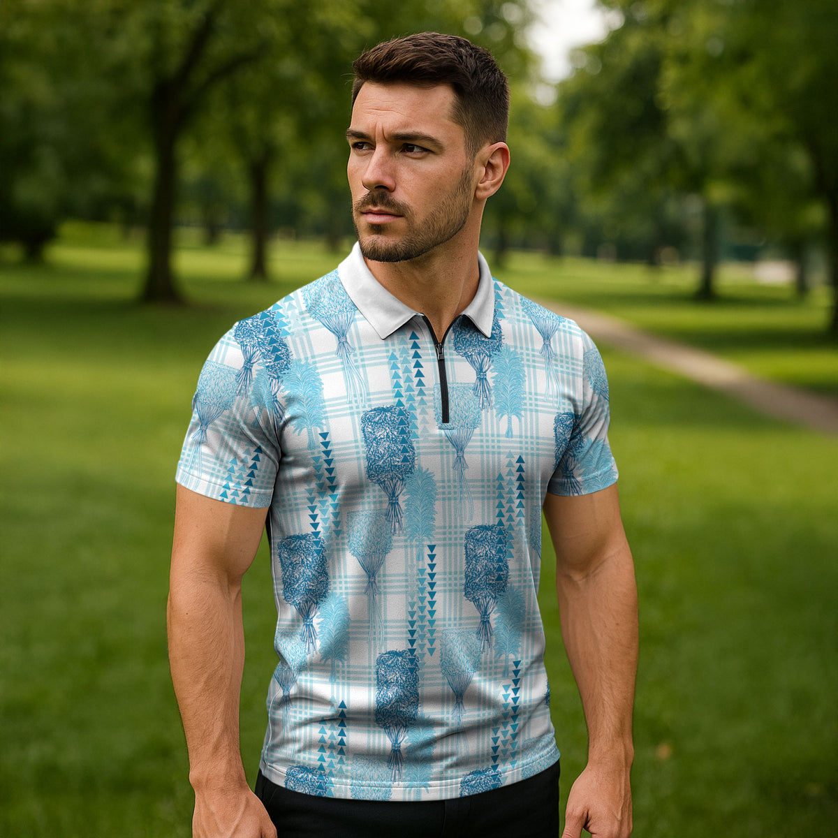 Aloha Hawaii Vintage Kahili Pa'a Lima Zipper Polo Shirt Palaka Print Oceanic Turquoise