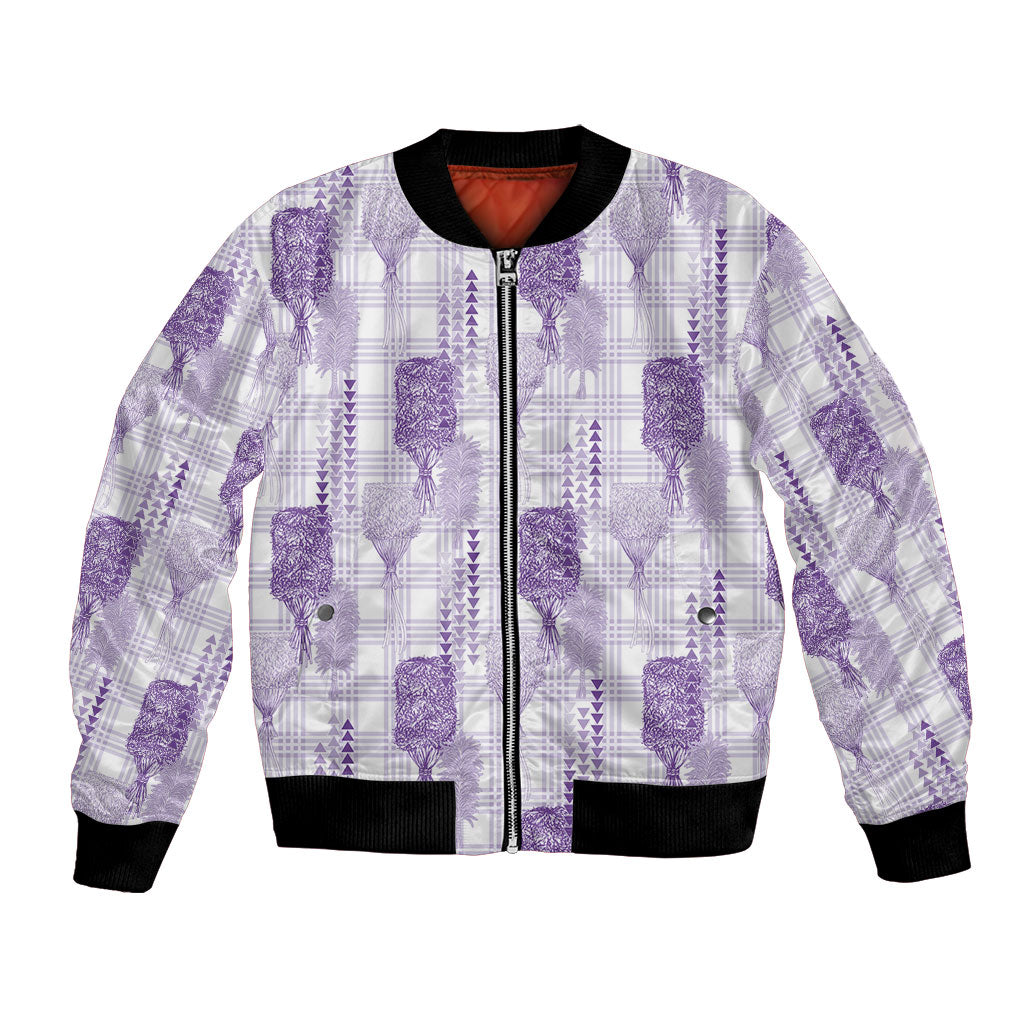 Aloha Hawaii Vintage Kahili Pa'a Lima Bomber Jacket Palaka Print Pastel Lavender LT7 Unisex Lavender - Polynesian Pride