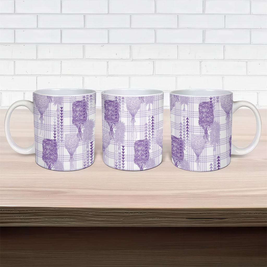 Aloha Hawaii Vintage Kahili Pa'a Lima Ceramic Mug Palaka Print Pastel Lavender