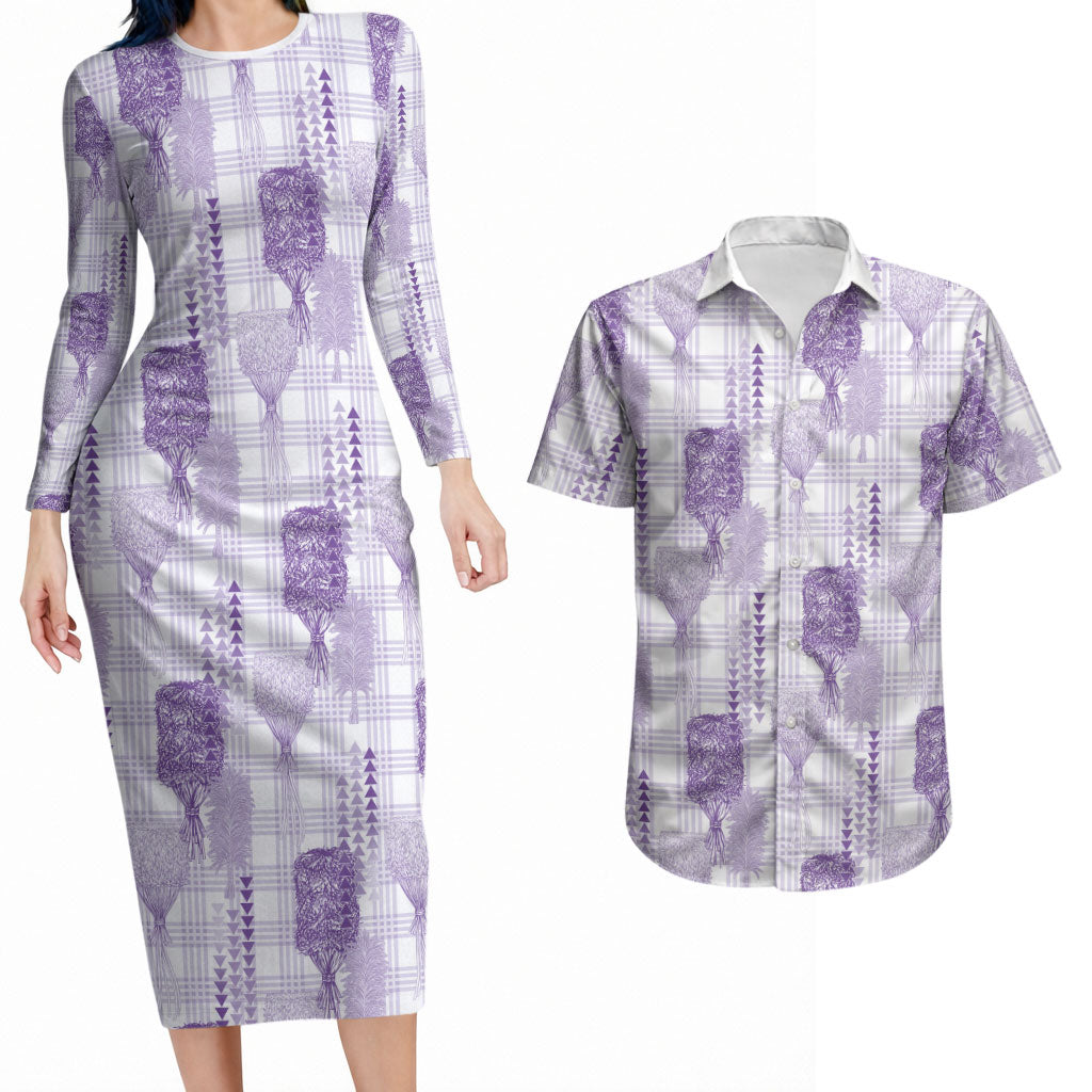 Aloha Hawaii Vintage Kahili Pa'a Lima Couples Matching Long Sleeve Bodycon Dress and Hawaiian Shirt Palaka Print Pastel Lavender
