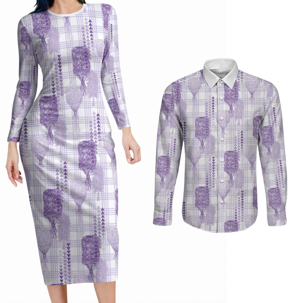 Aloha Hawaii Vintage Kahili Pa'a Lima Couples Matching Long Sleeve Bodycon Dress and Long Sleeve Button Shirt Palaka Print Pastel Lavender LT7 Lavender - Polynesian Pride