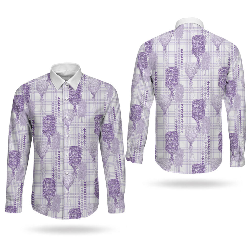 Aloha Hawaii Vintage Kahili Pa'a Lima Couples Matching Long Sleeve Bodycon Dress and Long Sleeve Button Shirt Palaka Print Pastel Lavender