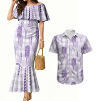 Aloha Hawaii Vintage Kahili Pa'a Lima Couples Matching Mermaid Dress and Hawaiian Shirt Palaka Print Pastel Lavender