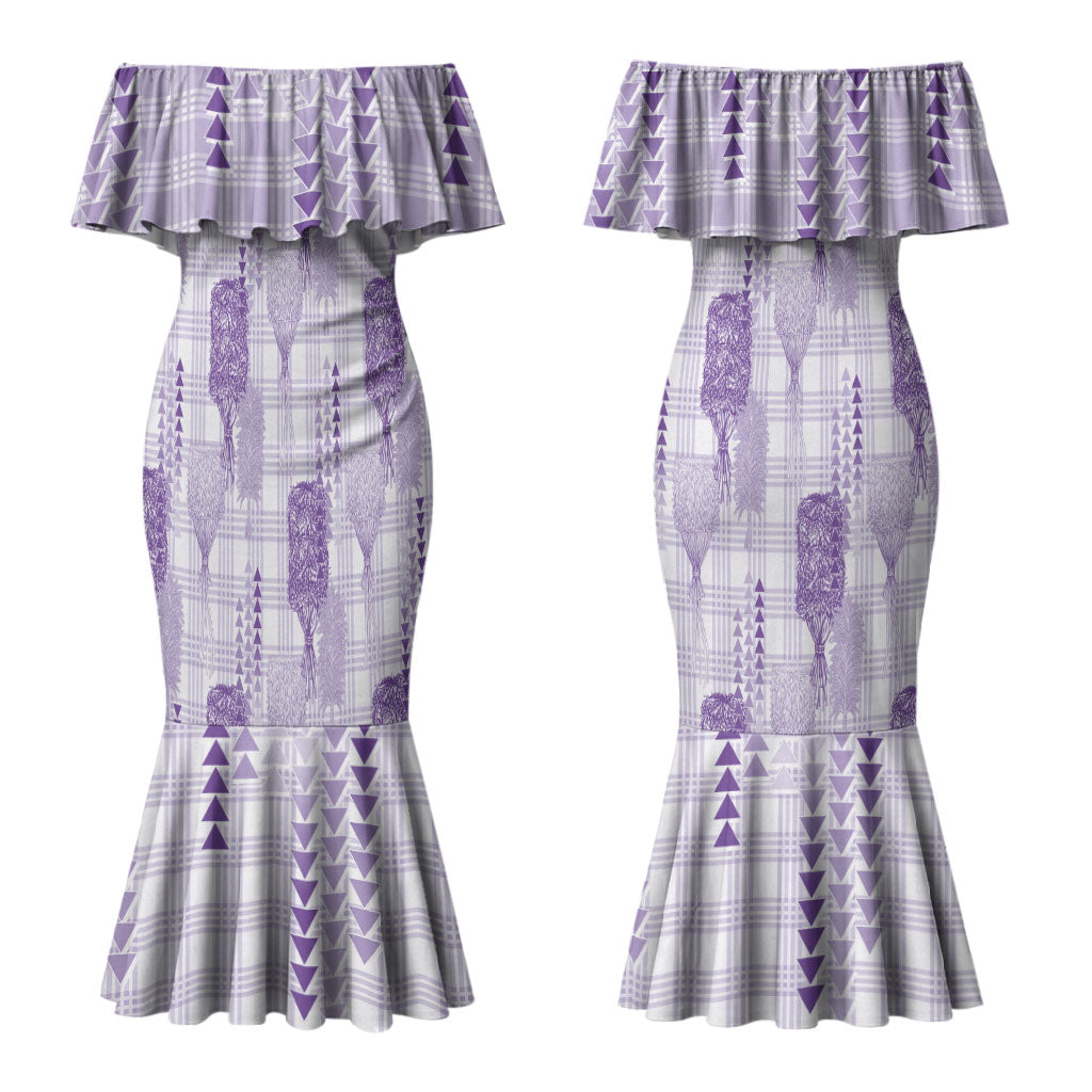 Aloha Hawaii Vintage Kahili Pa'a Lima Couples Matching Mermaid Dress and Hawaiian Shirt Palaka Print Pastel Lavender