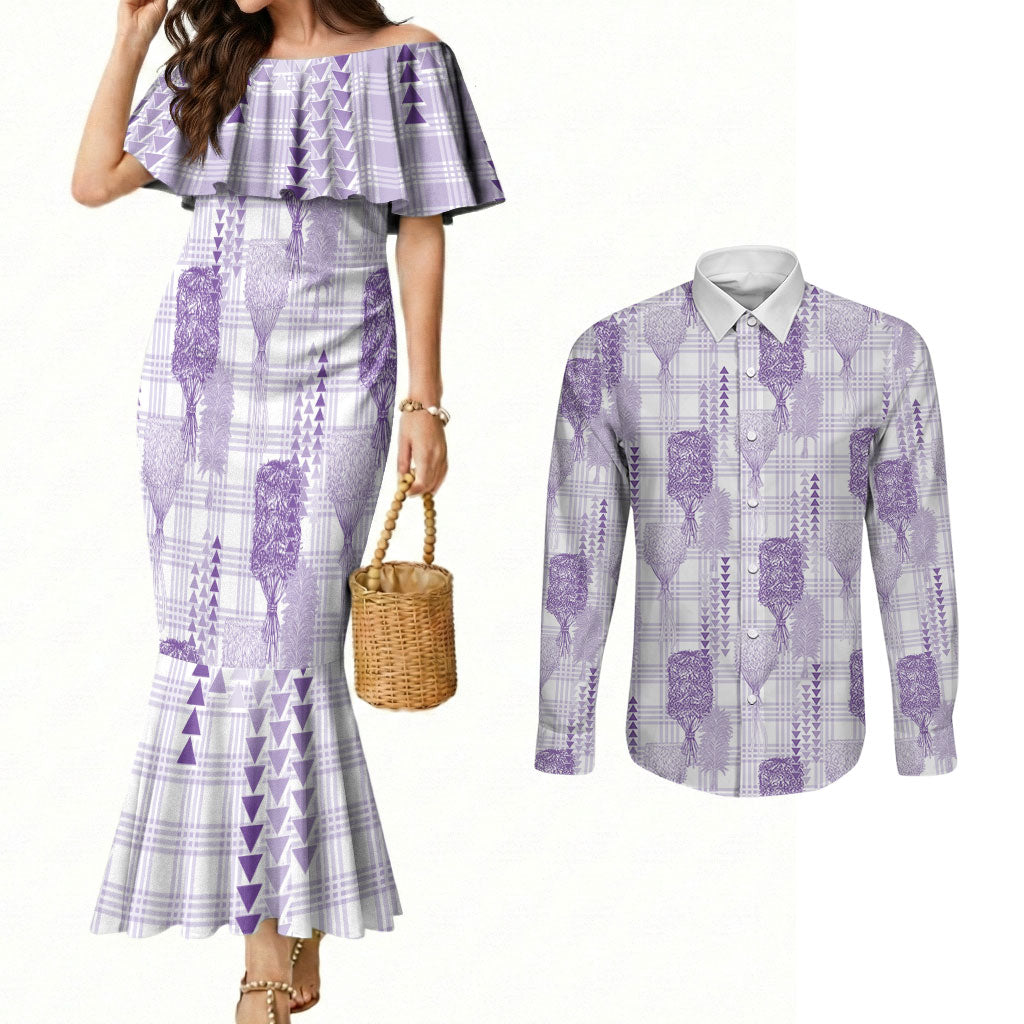 Aloha Hawaii Vintage Kahili Pa'a Lima Couples Matching Mermaid Dress and Long Sleeve Button Shirt Palaka Print Pastel Lavender LT7 Lavender - Polynesian Pride