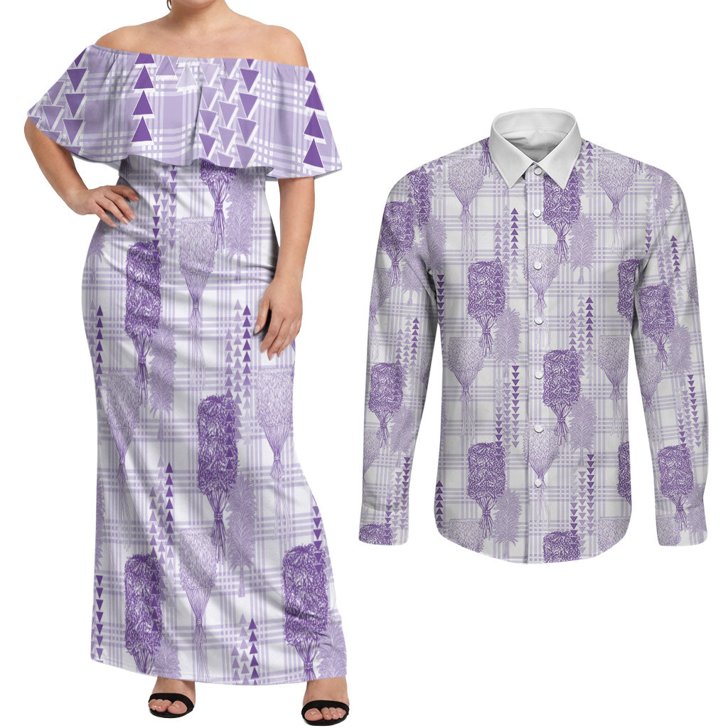 Aloha Hawaii Vintage Kahili Pa'a Lima Couples Matching Off Shoulder Maxi Dress and Long Sleeve Button Shirt Palaka Print Pastel Lavender LT7 Lavender - Polynesian Pride