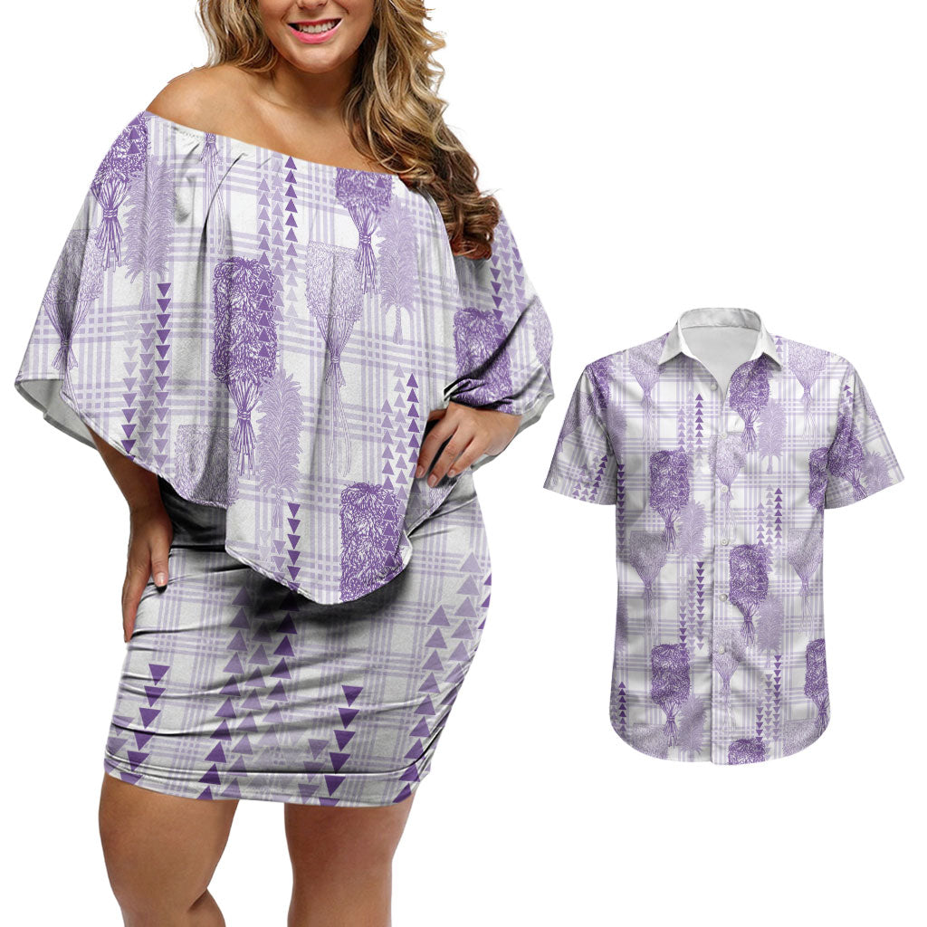 Aloha Hawaii Vintage Kahili Pa'a Lima Couples Matching Off Shoulder Short Dress and Hawaiian Shirt Palaka Print Pastel Lavender LT7 Lavender - Polynesian Pride
