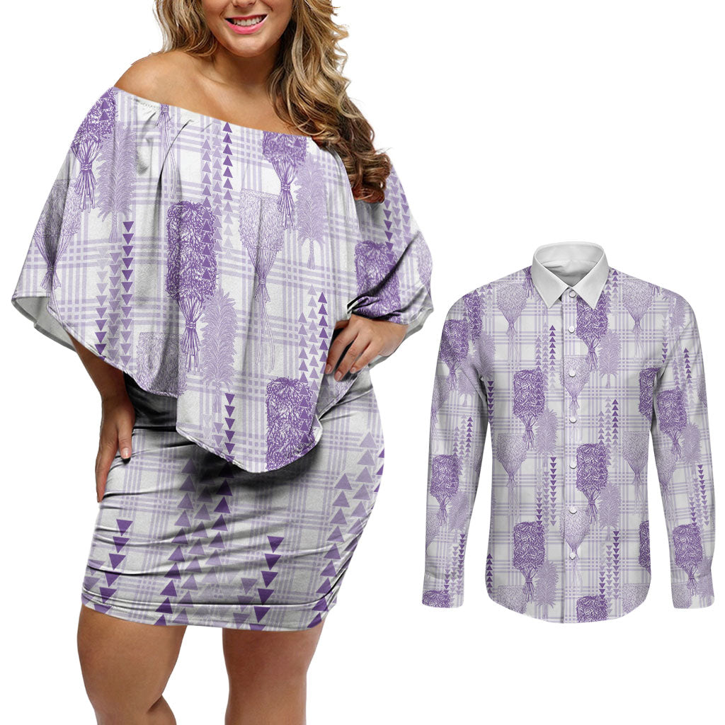 Aloha Hawaii Vintage Kahili Pa'a Lima Couples Matching Off Shoulder Short Dress and Long Sleeve Button Shirt Palaka Print Pastel Lavender LT7 Lavender - Polynesian Pride
