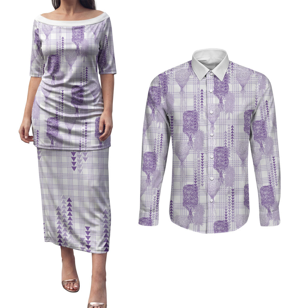 Aloha Hawaii Vintage Kahili Pa'a Lima Couples Matching Puletasi and Long Sleeve Button Shirt Palaka Print Pastel Lavender LT7 Lavender - Polynesian Pride