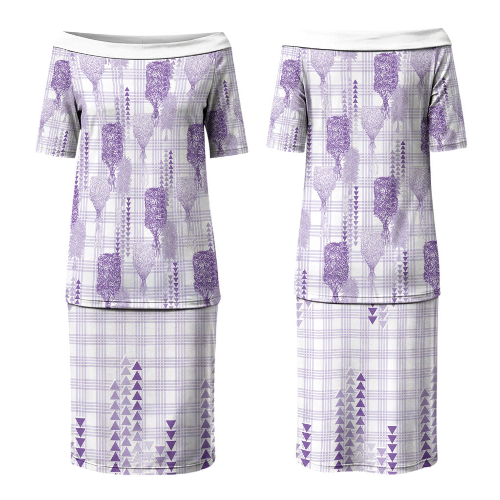Aloha Hawaii Vintage Kahili Pa'a Lima Couples Matching Puletasi and Long Sleeve Button Shirt Palaka Print Pastel Lavender