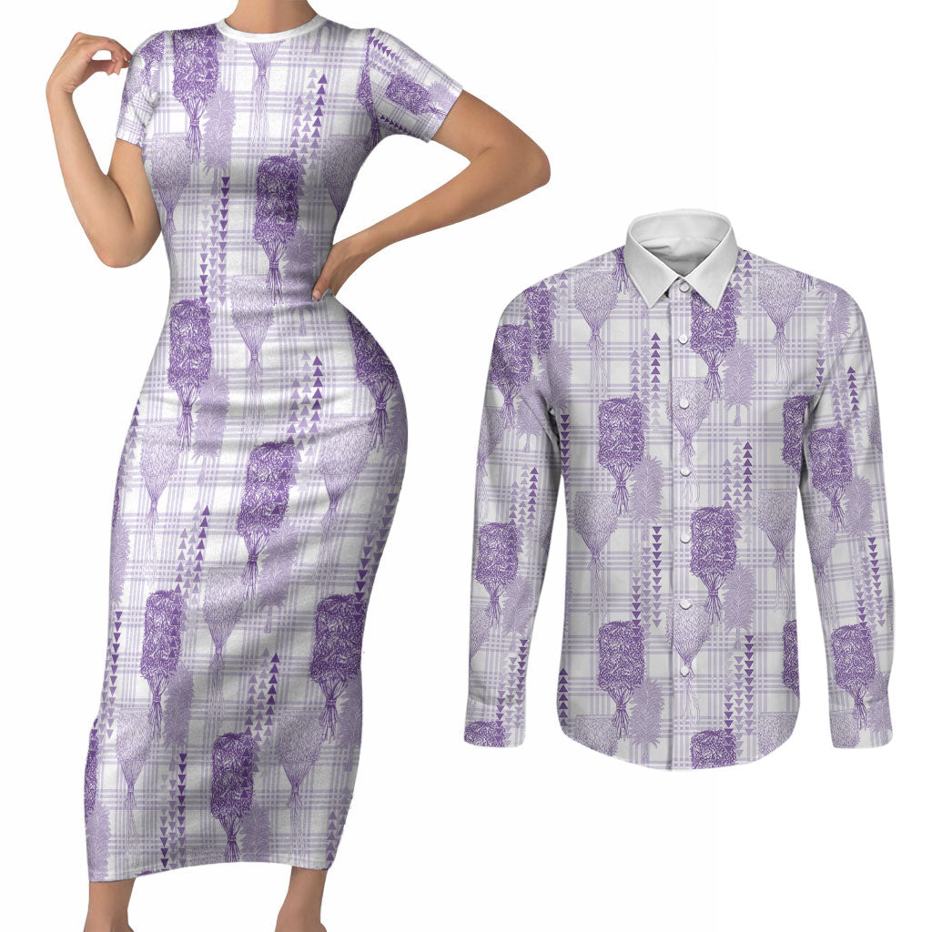 Aloha Hawaii Vintage Kahili Pa'a Lima Couples Matching Short Sleeve Bodycon Dress and Long Sleeve Button Shirt Palaka Print Pastel Lavender LT7 Lavender - Polynesian Pride