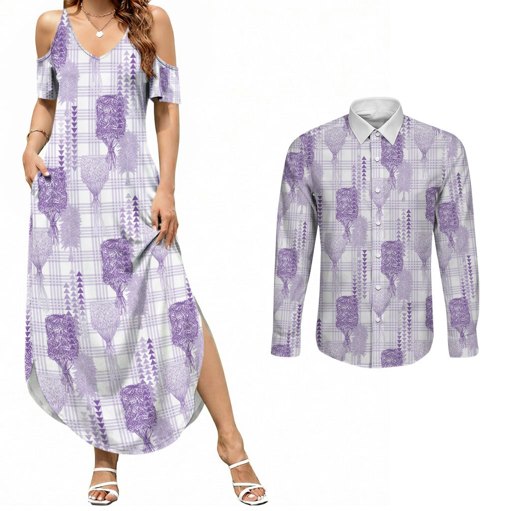 Aloha Hawaii Vintage Kahili Pa'a Lima Couples Matching Summer Maxi Dress and Long Sleeve Button Shirt Palaka Print Pastel Lavender LT7 Lavender - Polynesian Pride