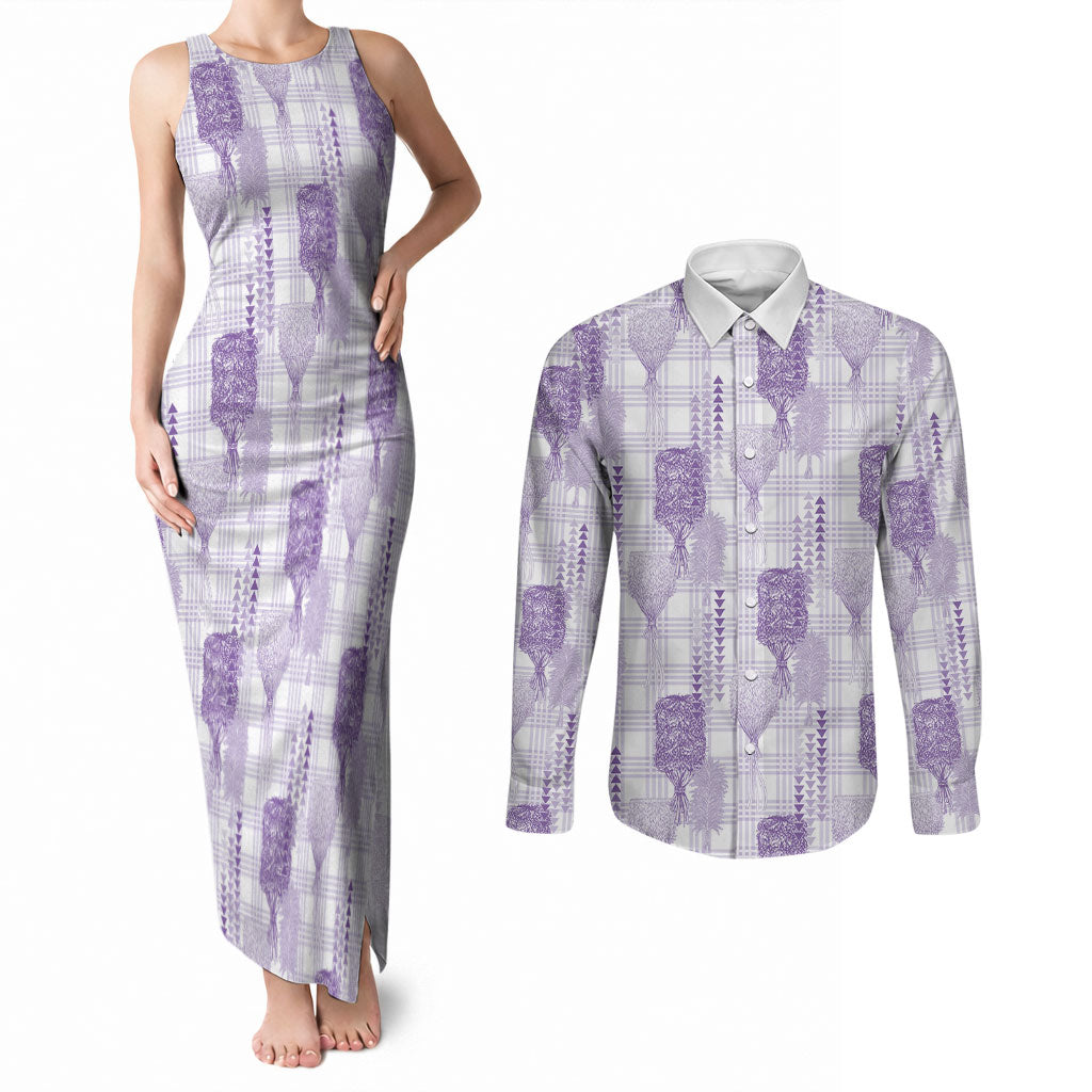 Aloha Hawaii Vintage Kahili Pa'a Lima Couples Matching Tank Maxi Dress and Long Sleeve Button Shirt Palaka Print Pastel Lavender LT7 Lavender - Polynesian Pride