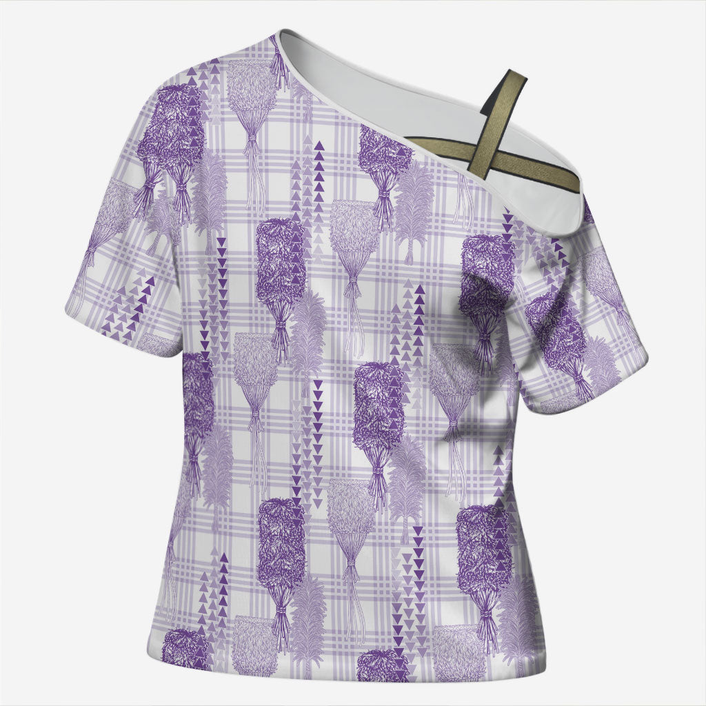 Aloha Hawaii Vintage Kahili Pa'a Lima Cross Shoulder Shirt Palaka Print Pastel Lavender LT7 Female Lavender - Polynesian Pride