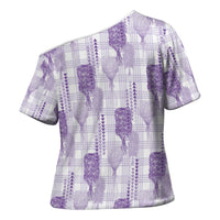 Aloha Hawaii Vintage Kahili Pa'a Lima Cross Shoulder Shirt Palaka Print Pastel Lavender